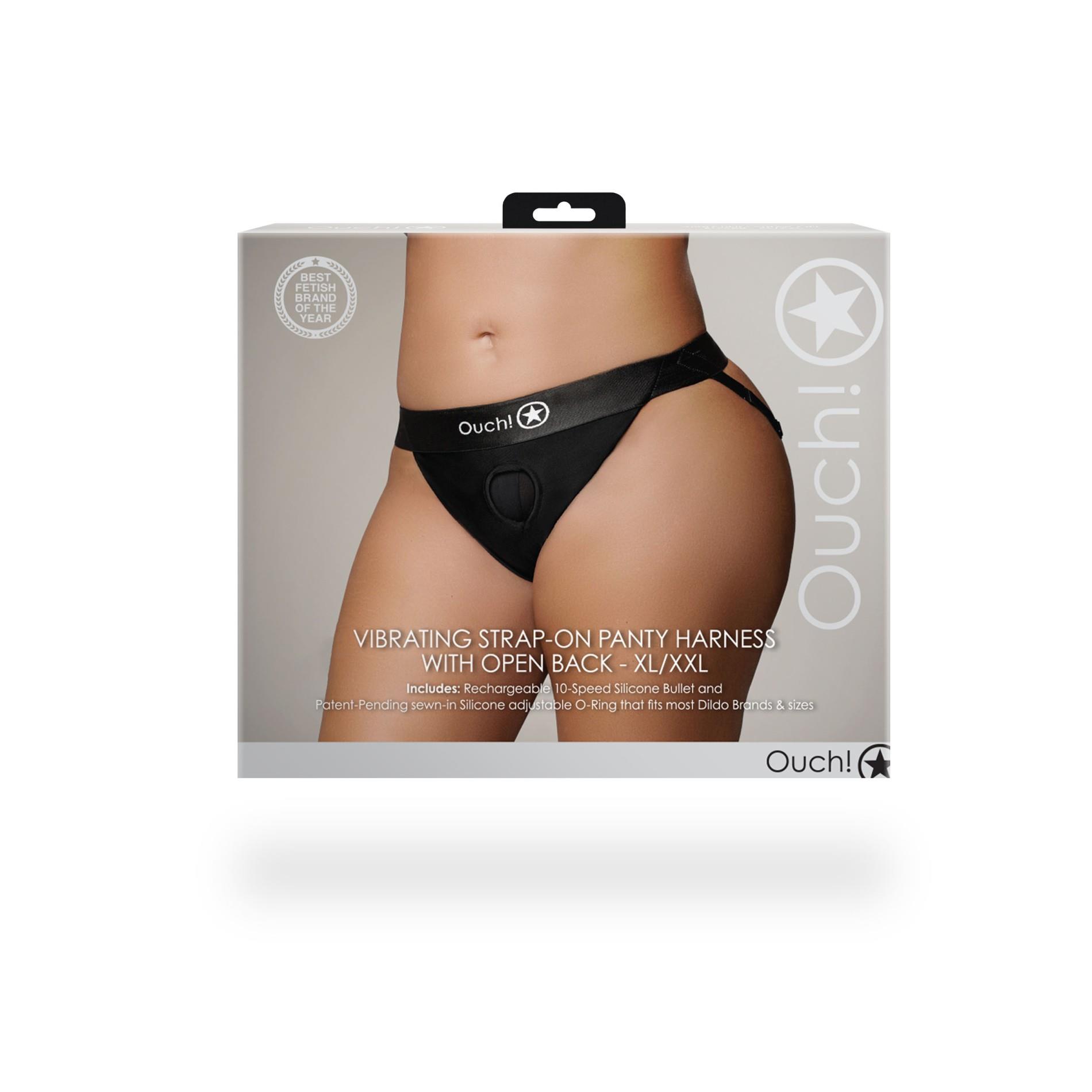 36-OU831BLKXLXXL1 Vibrating Strap-on Panty Harness with Open Back - XL/XXL - obrazek 1