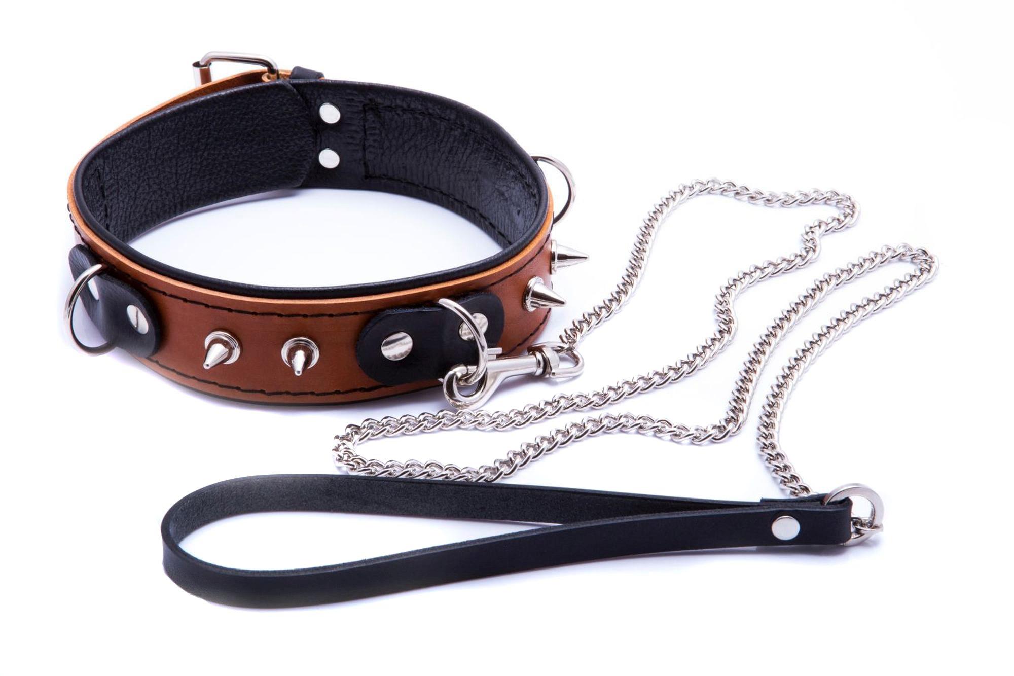 58-00043 Wiązania-WHIPS obroża niewolnika ze smyczą, koniakowa - obrazek 1